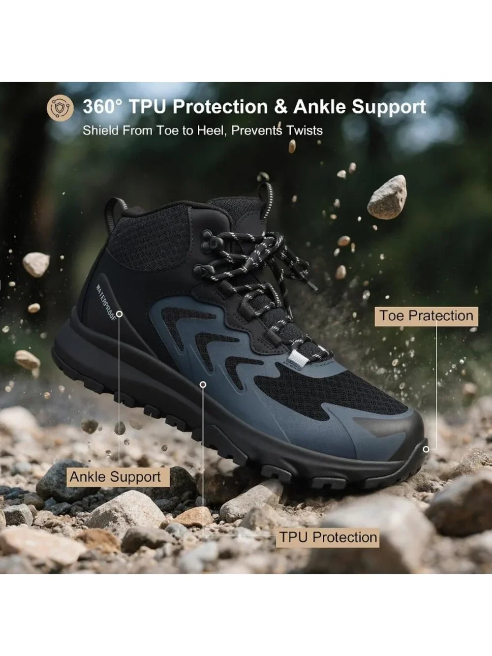 Men's Black Waterproof Shoes Casual Solid Mid Top Cap Toe Non Slip Hiking Boot